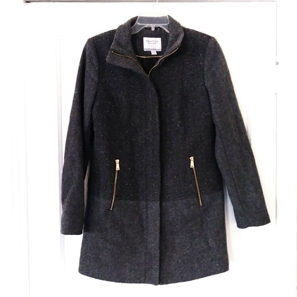 Nautica Grey Herringbone Wool Blend Zip Up Winter Coat